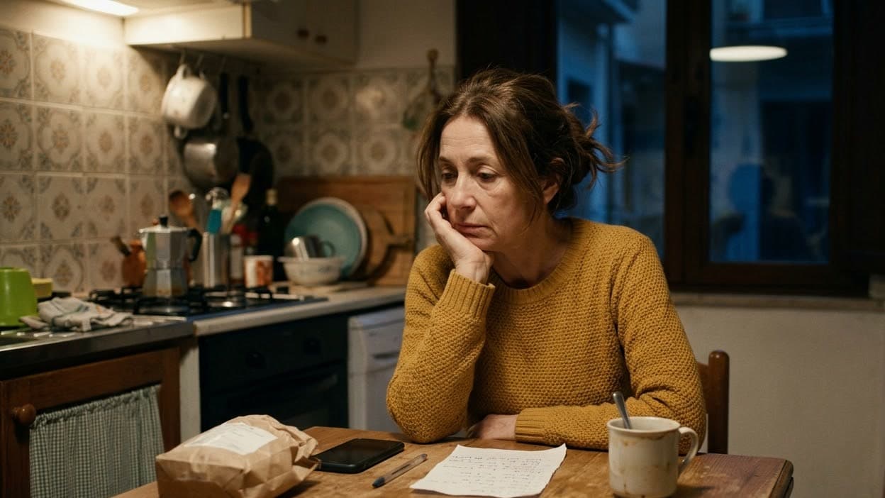 A tired woman alone at her kitchen table late at night