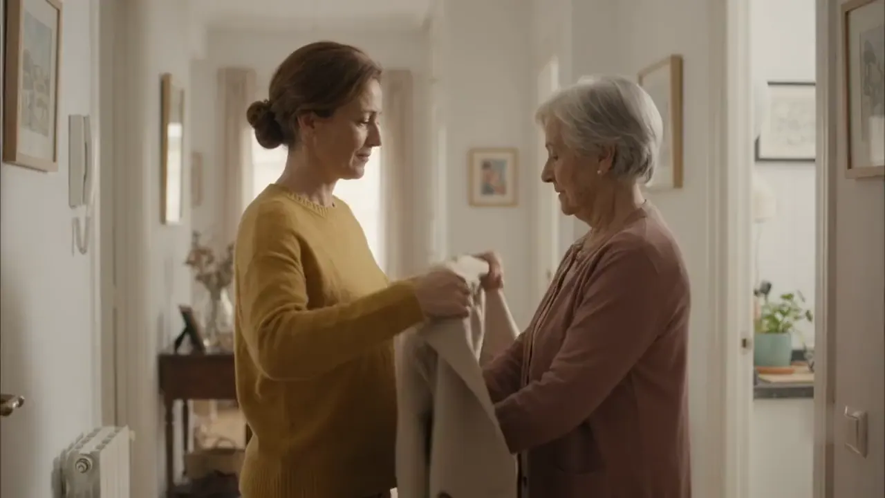 A daughter helps her elderly mother put on her coat
